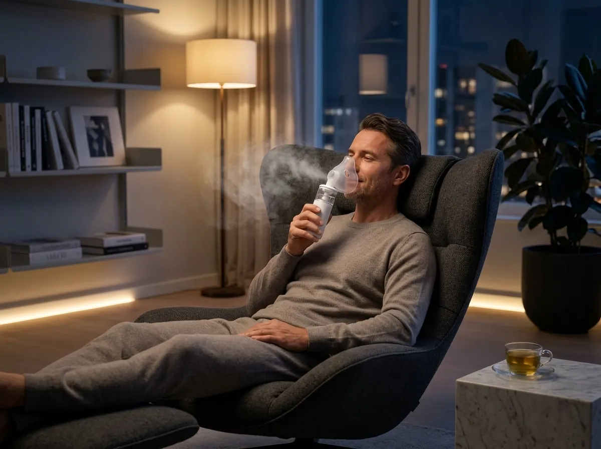 Adult comfortably inhaling gentle aerosol mist in a modern interior