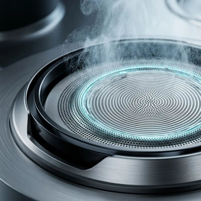 Extreme macro photograph of ultrasonic titanium micro-mesh aperture plate