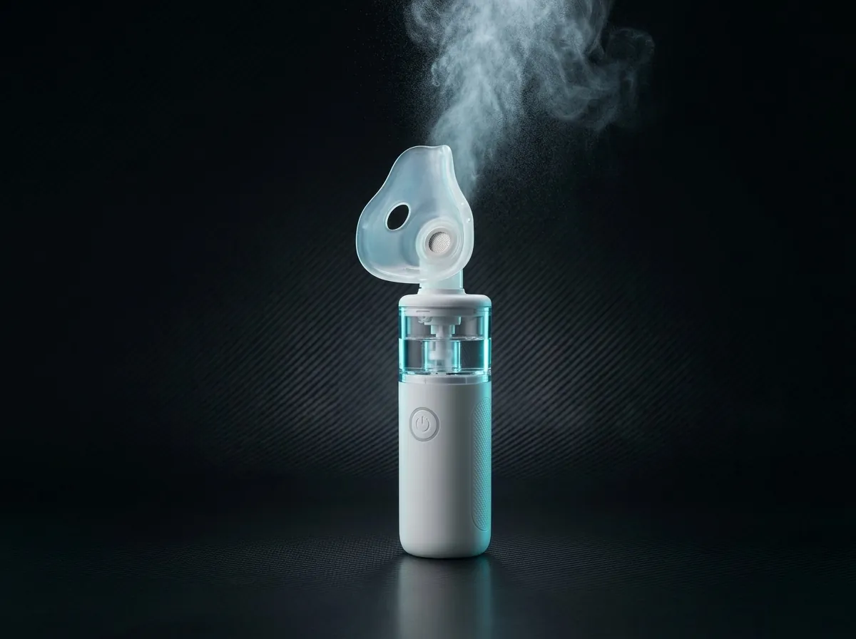 Nebu Ease handheld portable ultrasonic mesh nebulizer emitting fine mist
