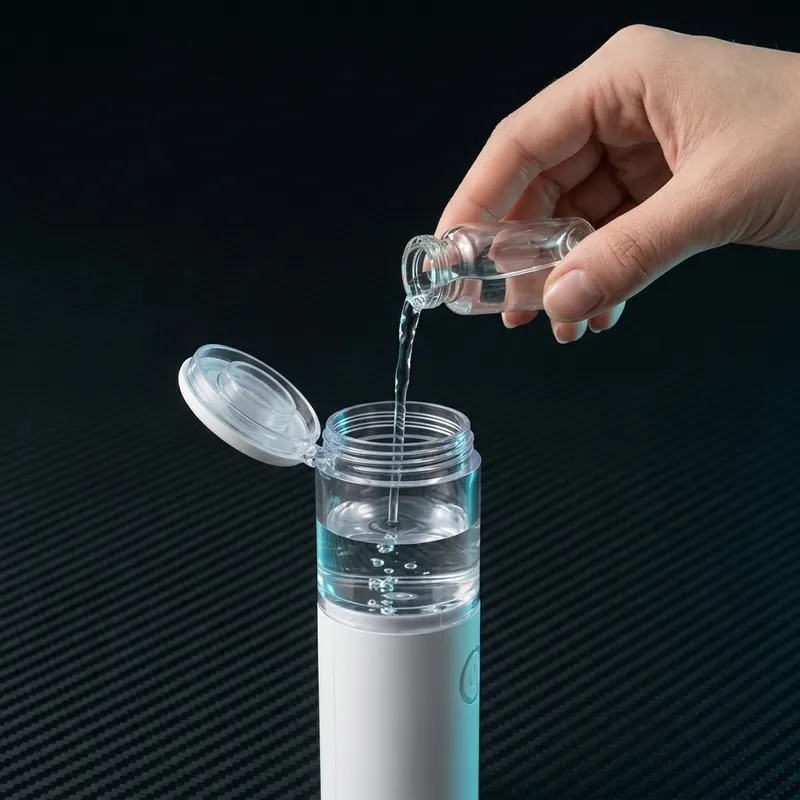 Step 1: Adding saline solution into the clear medicine cup